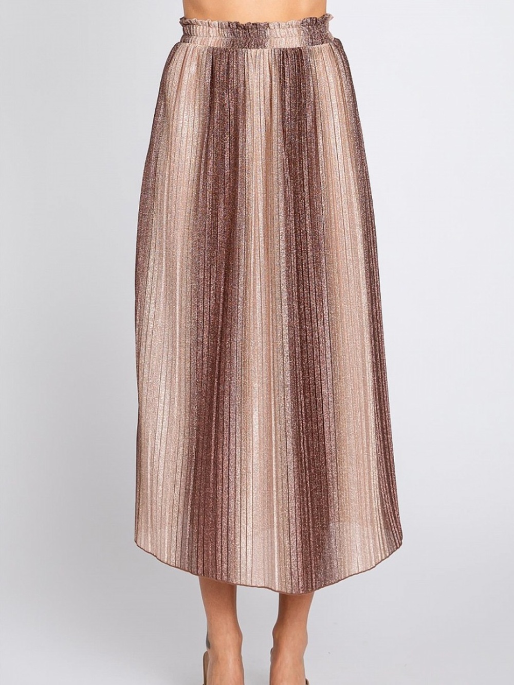 Metallic Pleated Midi Skirt in Rose-Taupe